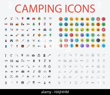 Campeggio set di icone. Vettore di piatto icone correlate con lunga ombra per il web e applicazioni per dispositivi mobili. Esso può essere utilizzato come - il logo, il pittogramma, icona, una infografica Illustrazione Vettoriale