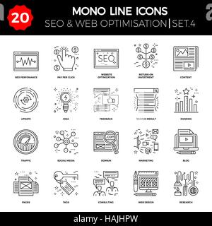 Linea sottile set di icone di ottimizzazione per i motori di ricerca, sito web e app di progettazione e sviluppo. Semplice linea Mono pittogramma Pack. Vettore di corsa il concetto di Logo Illustrazione Vettoriale