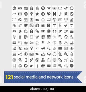 121 Social media e icone di rete. Illustrazione Vettoriale. Illustrazione Vettoriale