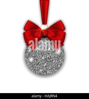 Glitter palla di Natale e fiocco rosso nastro con superficie di argento Illustrazione Vettoriale