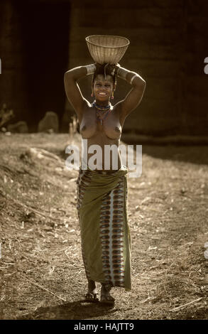 Mali, Africa occidentale - Gennaio 25, 1992: villaggio Dogon e tipici edifici di fango con stalle per i cereali e Peul Fulani popolations, ritratto di donna Foto Stock