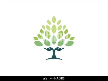 Albero mano logo naturale, lato albero simbolo del logo, wellness yoga salute icona disegno vettoriale Illustrazione Vettoriale