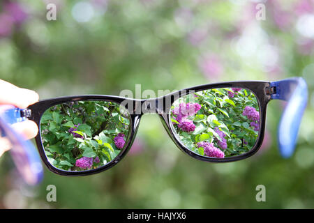 Gli occhiali in mano su sfondo sfocato Foto Stock