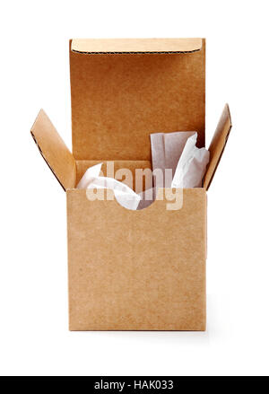 Ha aperto la scatola di cartone isolato su bianco Foto Stock