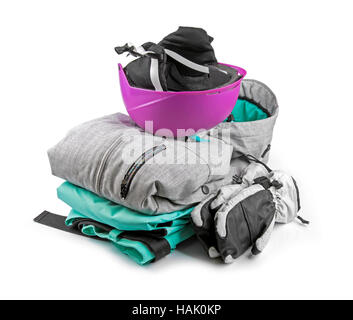 Snowboard, abbigliamento sci isolato su bianco Foto Stock