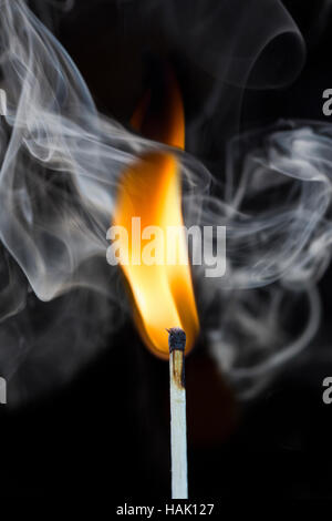 Fiammifero bruciato con fumo su nero Foto Stock