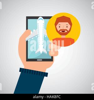 Mano trattiene l uomo barba applicazione mobile aeroporto viaggi illustrazione vettoriale EPS 10 Illustrazione Vettoriale