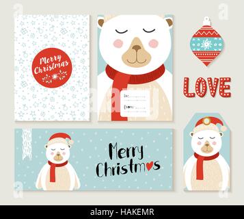 Set di carino Merry Christmas greeting card decorazione design. Intestazione, etichetta e dono del modello di tag con orso polare illustrazione. EPS10 vettore. Illustrazione Vettoriale