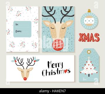 Set di carino Merry Christmas greeting card decorazione design. Intestazione, etichetta e dono del modello di tag con illustrazione delle renne. EPS10 vettore. Illustrazione Vettoriale