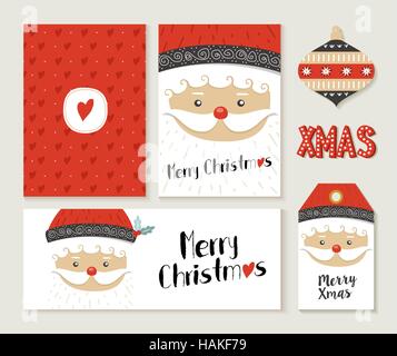 Merry Christmas greeting card set con simpatici babbo natale design retrò. Include holiday themed etichetta, testata e dono tag. EPS10 vettore. Illustrazione Vettoriale