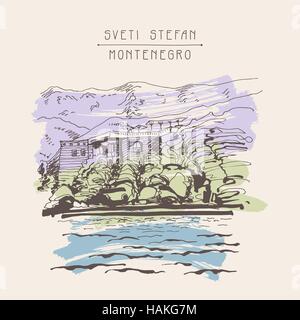 Il nero di seppia originale disegno di Sveti Stefan isola in Monteneg Illustrazione Vettoriale