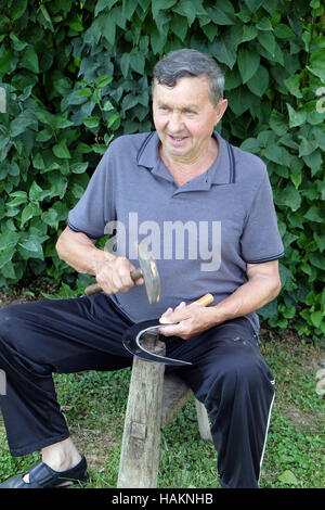 Contadino con un martello e lo strumento di ferro sul ceppo di albero sta affinando la sua falce nel Nedelisce, Croazia Foto Stock