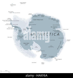 Antartide mappa politico con geografico e magnetico Polo Sud, ricerca scientifica stazioni e scaffali ad di ghiaccio. Etichetta inglese. Foto Stock