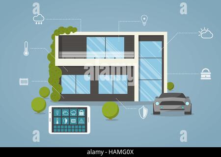 Contemporaneo, eco smart house design con controllo remoto dal tablet. Illustrazione Vettoriale