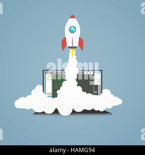 Appartamento cartoon rocket battenti dal pc portatile in rappresentanza di avviare il progetto. Illustrazione Vettoriale