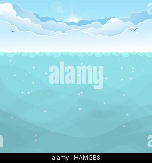 Grandi nuvole sotto acqua e Rising Sun con i raggi. Illustrazione Vettoriale