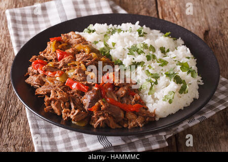 Cibo messicano Ropa vieja: stufato di manzo con salsa al pomodoro con verdure e guarnire il riso su una piastra di close-up. Posizione orizzontale Foto Stock