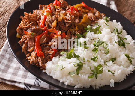 Ropa vieja: stufato di manzo con salsa al pomodoro con verdure e guarnire il riso su una piastra macro. orizzontale Foto Stock