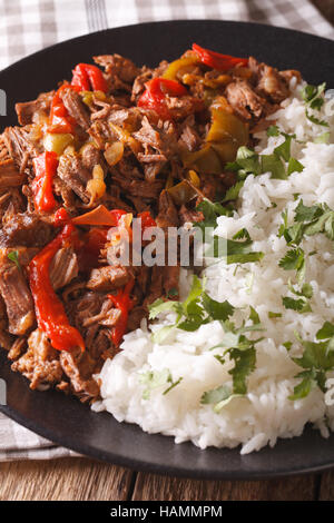 Cucina Latino Americana: Ropa vieja con riso close-up su una piastra verticale. Foto Stock