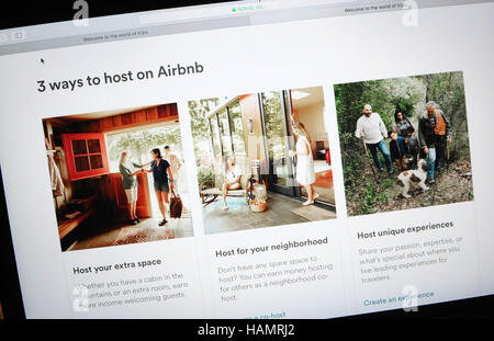 1 dicembre 2016 - Orlando, Florida, Stati Uniti - Il sito web di Airbnb è visibile sullo schermo di un computer a Orlando in Florida. In data 1 dicembre 2016, Airbnb ha annunciato per la prima volta che si potrebbe imporre un limite legale sul numero di notti in un anno un host a Londra e ad Amsterdam è in grado di affittare una casa. La restrizione che prende effetto nel gennaio, limiterebbe noleggi per 90 giorni di un anno a Londra e 60 giorni all anno in Amsterdam, per conformarsi a quanto precedentemente stabilito limiti imposti da tali città. (Paul Hennessy/Alamy) Foto Stock