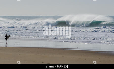Un surfista osserva con la sua pensione in sua mano dalla riva le onde grandi Foto Stock