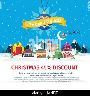 Natale grande vendita banner piana. Illustrazione di vettore per il sito Web, annunci banner. Paesaggio invernale. Illustrazione Vettoriale