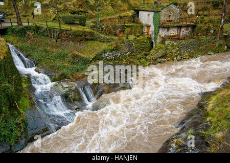 Un piccolo flusso di acqua chiara scorre in un fiume di acqua fangosa Foto Stock