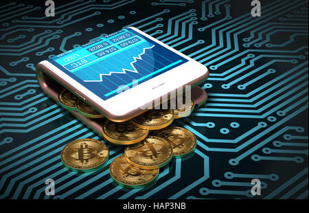 Concetto di portafoglio digitale e Bitcoins sulla scheda a circuito stampato. Bitcoins Fuoriuscita di Rosa Smartphone curve. Foto Stock