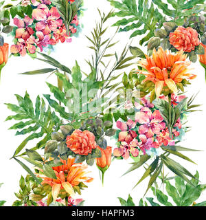 La pittura ad acquerello di foglie e fiori, seamless pattern su sfondo bianco Foto Stock