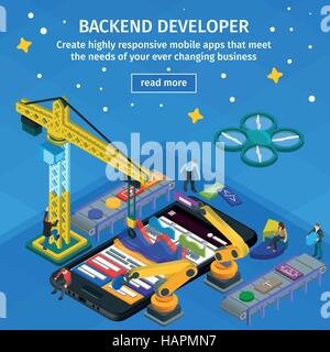 Sviluppo di applicazioni mobili flat 3D isometrica stile. Blue web design. Lo sviluppatore di backend app. Illustrazione Vettoriale
