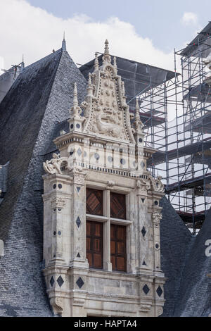 Il continuo lavoro di restauro sul tetto di Chambord nella Valle della Loira. Una scultura in pietra della salamandra di François 1a può essere visto. Foto Stock