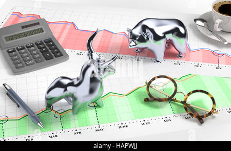 Un toro e un orso su un 'Desktop Stock Market' Foto Stock