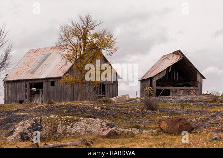 Antica fattoria di edifici in Ontario orientale lungo il fiume Ottawa River Valley. Foto Stock