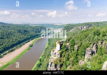 Rathen: vista dal rock Bastei lungo il fiume Elba a Wehlen, Sächsische Schweiz, Svizzera Sassone, Sassonia, Sassonia, Germania Foto Stock