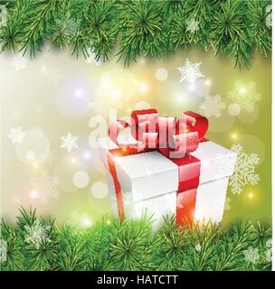 Sfondo di natale con il vettore albero di natale, confezione regalo e luci astratta. Illustrazione Vettoriale