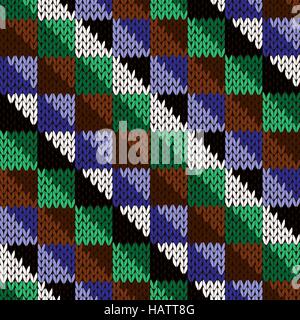 Lavorate a maglia motley diagonale sfondo geometrico in blu, rosa, bianco, colori marrone e beige, seamless knitting pattern del vettore come un tessuto texture Illustrazione Vettoriale