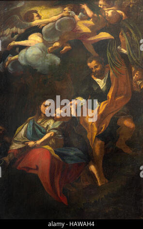 BRESCIA, Italia - 23 Maggio 2016: La pittura resto sulla fuga in Egitto nella Chiesa di San Giovanni Evangelista di artista sconosciuto. Foto Stock