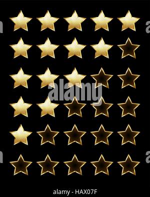 Golden rating lucenti stelle su uno sfondo nero. Design con stelle d'oro. Illustrazione Vettoriale