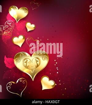 Oro, gioielli cuori rossi su sfondo tessiturali con foglie di rose Illustrazione Vettoriale