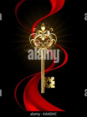 Golden key decorate con la Fleur de Lis gioielli intrecciano con una seta rossa nastro su uno sfondo nero. Illustrazione Vettoriale