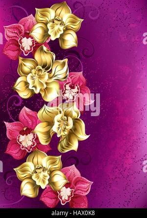 Artisticamente dipinte di giallo e rosa orchid in rosa tessiturali sfondo. Progettazione di orchidee. Design floreale. Illustrazione Vettoriale