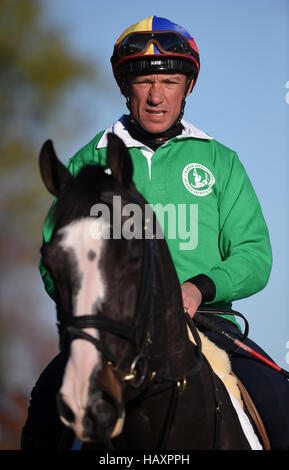 Frankie Dettori durante una lezione di showjumping con medaglia d'oro olimpica Nick Skelton al suo Ardencote Farm Stables nel Warwickshire. Stampa foto di associazione. Data di rilascio: Sabato 3 dicembre, 2016. Dettori e Victoria Pendleton gareggerà nella Markel Champions Challenge in aiuto dei feriti Fantini Fondo a Olympia nel mese di dicembre. Foto di credito dovrebbe leggere: Joe Giddens/PA FILO Foto Stock