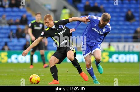 Cardiff City's Aron Gunnarsson (destra) e Brighton e Hove Albion Steve Sidwell in azione durante il cielo di scommessa match del campionato al Cardiff City Stadium. Foto Stock