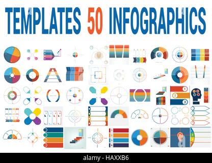 50 I modelli vettoriali per Infographics, grafico a torta, anello grafico, grafico ad area, timeline elenco schema con aree di testo per quattro posizioni. Illustrazione Vettoriale