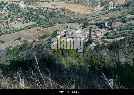 Paesaggi della Sicilia centrale in estate. Con la tipica siciliana di colline e ulivi, con una strada che si snoda attraverso le montagne. Foto Stock