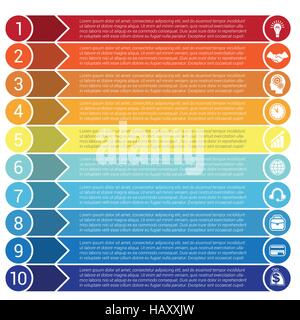 Cerchi, orizzontale frecce colorate e nastri, barre infochart, areachart presentazione o modelli per dieci posizioni infographics Illustrazione Vettoriale