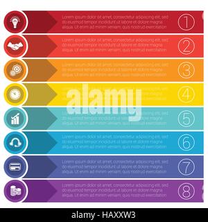 Infographics modelli da frecce di cerchi e strisce di concetto di business per otto posizioni. Illustrazione Vettoriale