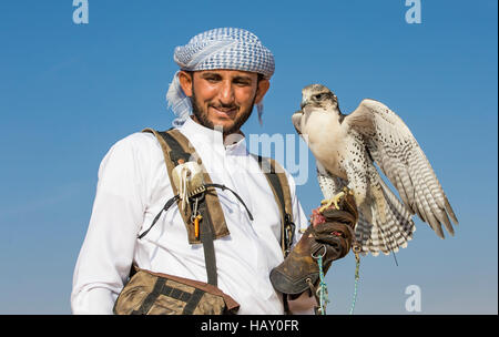 Dubai, UAE, Novembre 19th, 2016: Una falconer in abito tradizionale, la formazione di un falco pellegrino (Falco peregrinus) Foto Stock