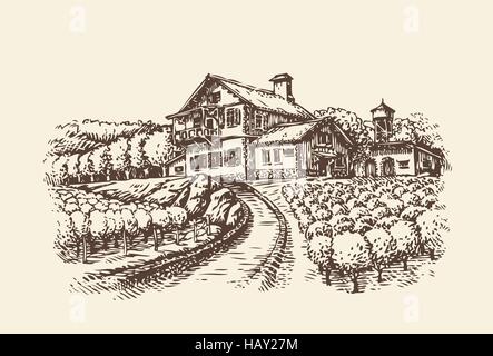 Paesaggio di fattoria. Disegnate a mano vigna o l'agricoltura. Schizzo Vintage illustrazione vettoriale Illustrazione Vettoriale