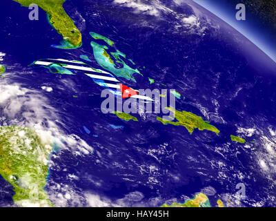 Bandiera di Cuba sulla superficie pianeta dallo spazio. 3D illustrazione con altamente dettagliata pianeta realistico di superficie e le nuvole nell'atmosfera. Elementi di thi Foto Stock
